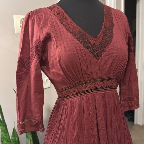 Candela Boho Burgundy Lace Victorian Maxi Dress by Free People Heart Dress - Picture 4 of 12